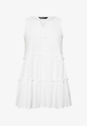 Abito bianco senza maniche con scollatura tonda, caratterizzato da dettagli ad occhio, orlo a balze a strati e legature decorative con pompon sulla scollatura.