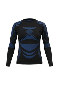 Long-sleeve athletic top made of black fabric with blue striped patterns and mesh detailing, featuring a round neckline and fitted design.