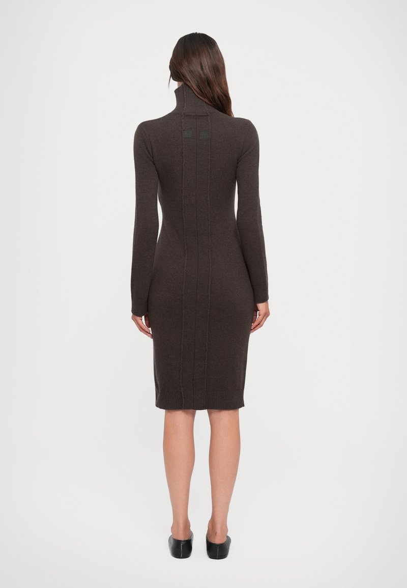 Knitted brown dress featuring a high collar, long sleeves, and ribbed detailing along the spine; fitted silhouette with a knee-length hem.