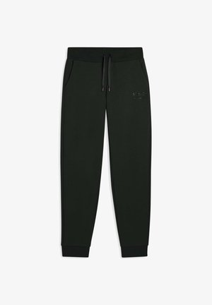 Pantalon de jogging vert foncé avec ceinture élastique, cordon de serrage ajustable, poches latérales et poignets côtelés ; présente un détail de logo.