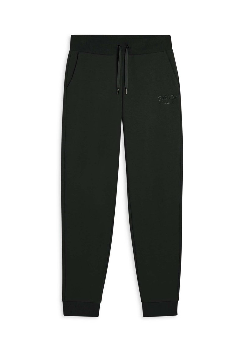 Pantalones de chándal verde oscuro con cintura elástica, cordón ajustable, bolsillos laterales y puños acanalados; cuentan con un detalle de logotipo.