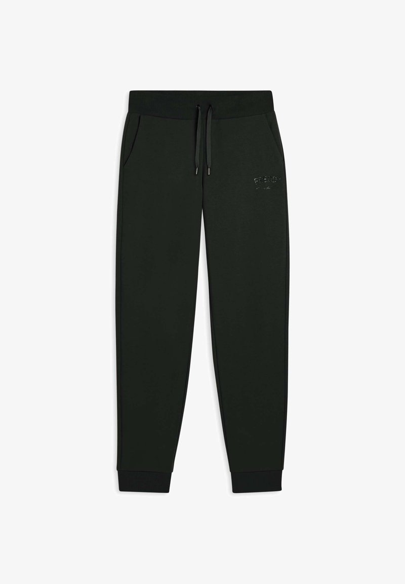 Pantalones de chándal verde oscuro con cintura elástica, cordón ajustable, bolsillos laterales y puños acanalados; cuentan con un detalle de logotipo.