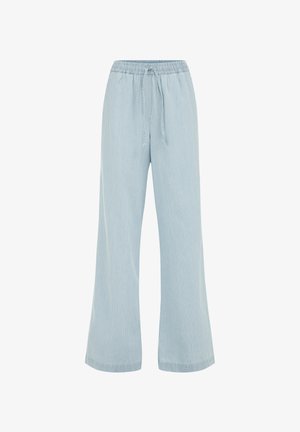 Pantaloni largi de culoare bleu deschis, cu un model de dungi verticale, talie elastică și șnur de ajustare. Fabricat dintr-un material moale și respirabil.