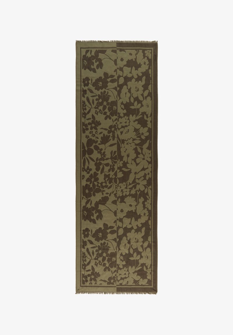 Écharpe rectangulaire marron et olive avec des motifs floraux symétriques et des bords à franges, présentant des blocs de couleur inversés au centre.