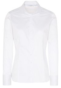 Blouse blanche à manches longues en coton lisse, dotée d'un col pointu, d'une patte de boutonnage complète et de manches avec poignets, avec une coupe ajustée.