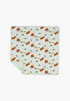 Puuvillamatto, jossa on vaalean vihreä raitapohja, oransseja lehmiä ja musta-valkoisia maatilan eläimiä leikkisissä asennoissa. Reunat samaa väriä.