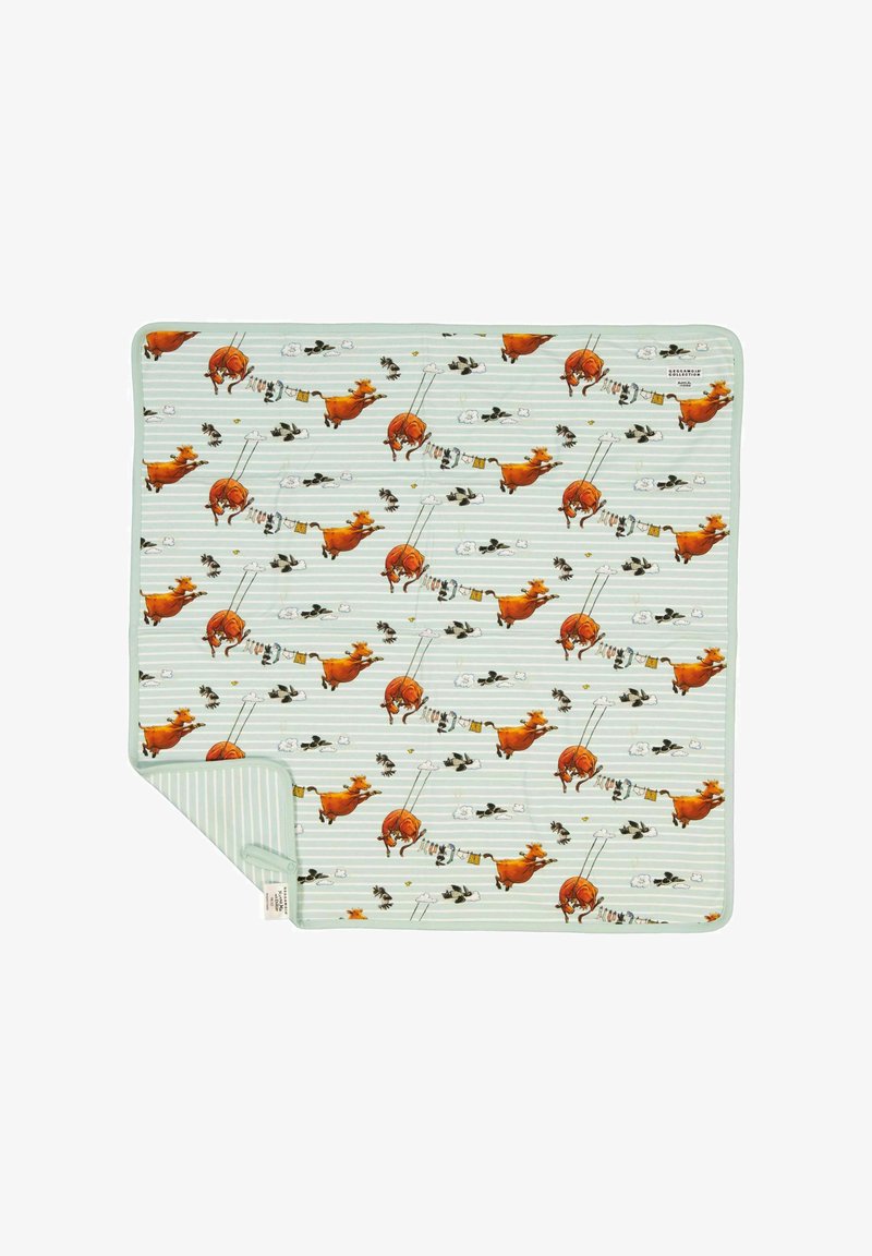 Bomullsmatta med en ljusgrön randig bakgrund, prydd med orange kor och svartvita gårdsdjur i lekfulla poser. Med matchande kant.