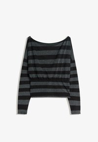 Fekete és szürke csíkos, hosszú ujjú felső puha, rugalmas anyagból, kerek nyakkivágással és húzott derékrésszel.