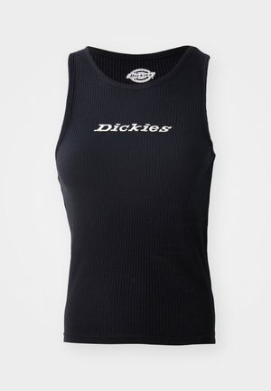 Černý žebrovaný top bez rukávů s kulatým výstřihem a bílým logem "Dickies" tištěným na hrudi.