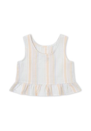 Top corto sin mangas con rayas verticales beige y blancas y un dobladillo fruncido en la parte inferior.