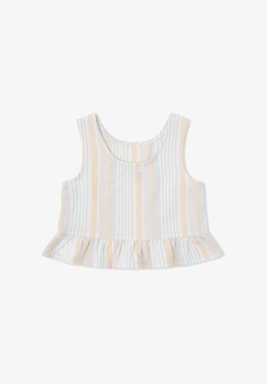 Top corto sin mangas con rayas verticales beige y blancas y un dobladillo fruncido en la parte inferior.