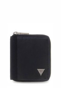 Czarny skórzany portfel z zamkiem błyskawicznym, ozdobą z fakturowanej tkaniny oraz srebrnym trójkątnym logo na froncie.