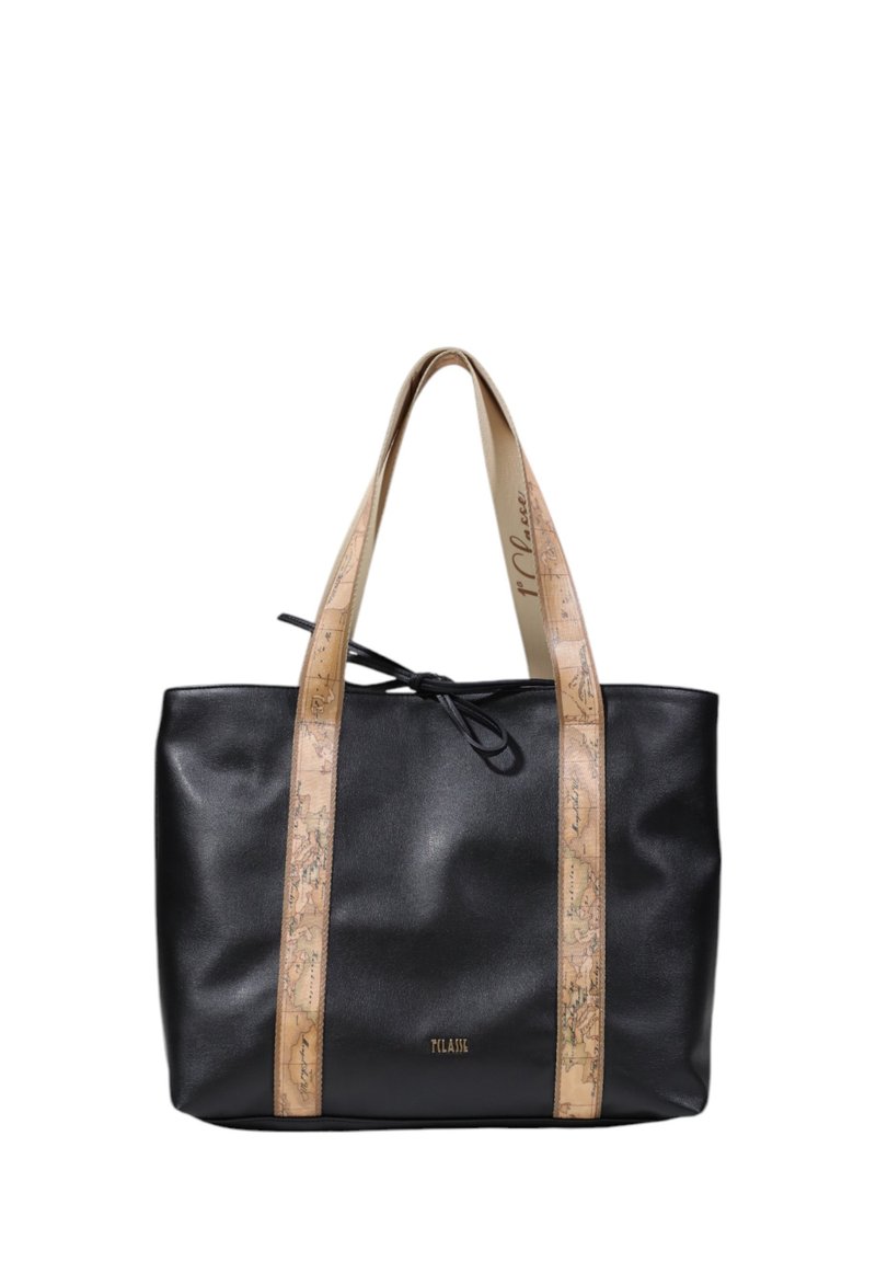 Borsa tote nera in pelle con due manici beige, caratterizzata da un motivo mappa, chiusura legata e nome del marchio impresso sul davanti.