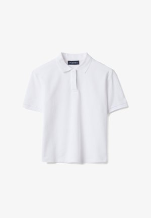 Witte korte mouwen poloshirt met kraag en knoopsluiting, plat uitgestald met zichtbaar merkembleem aan de binnenkant van de kraag.