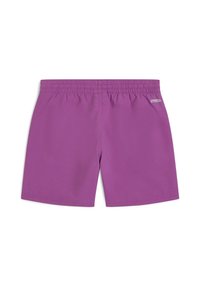 Pantaloni da bagno viola con elastico in vita, texture liscia e orlo cucito. Piccolo logo del marchio sul lato destro in basso.