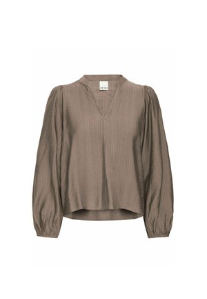 Brown, textured blouse with a v-neckline, puffed sleeves, and a relaxed fit. Features a subtle sheen and a straight hem. Brand label visible.