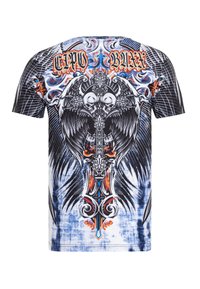 T-Shirt mit kurzen Ärmeln in Schwarz-Blau mit einem großen Totenkopf- und Flügeldesign, filigranen Mustern und bunten Akzenten.