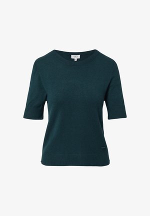 Türkiser, gestrickter Pullover mit kurzen Ärmeln und rundem Ausschnitt. Verfügt über einen geraden Saum und ein kleines Logotag an der unteren linken Seite. Weiche Textur.