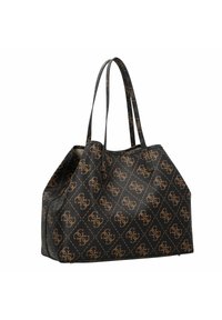 Borsa tote in materiale sintetico nero con un motivo monogramma marrone. Presenta manici resistenti e un design rettangolare spazioso.