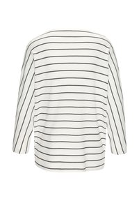 Weißer Pullover mit schwarzen horizontalen Streifen, featuring lange Ärmel, einem lockeren Schnitt und einer gerippten Textur. Die Rückansicht zeigt einen geraden Saum.