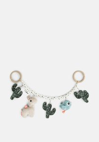 Toy garland with two rings, featuring a plush llama, a blue bird, and three green cactus shapes, all attached to a polka-dot fabric strip.