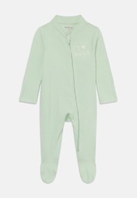 Mintgrønn ribbet onepiece med lange ermer, fotlukking og glidelås foran. Har "I ❤️ HUGS" brodert på brystet.