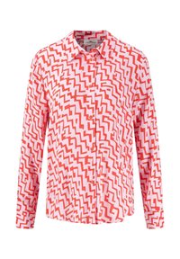 Red and white long-sleeve shirt featuring a zigzag pattern, fabric is lightweight with a classic collar and button-down front.