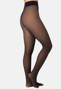 Dünne, dunkelbraune Strumpfhosen mit einem breiten, schwarzen Bund. Glatte Textur, körperbetontes Design, das eine gleichmäßige Abdeckung und ein elegantes Erscheinungsbild zeigt.