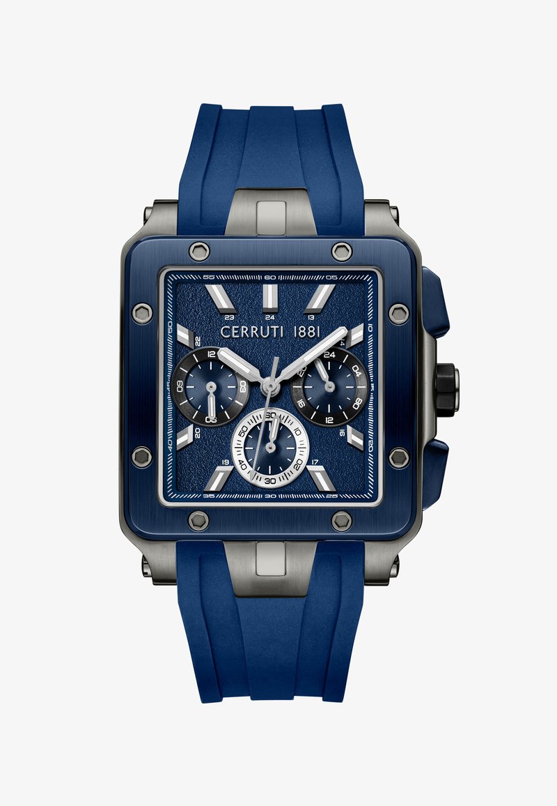 Cerruti 1881 rokas pulkstenis ar kvadrātveida tumši zilu korpusu, teksturētu ciparnīcu, sudraba akcentiem un zilu gumijas siksniņu ar teksturētu apdari.