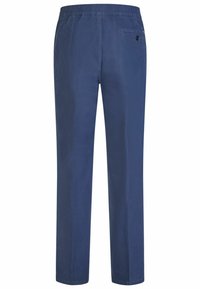 Blue cotton trousers with an elastic waistband, straight legs, and a single back pocket featuring a button closure. Smooth texture.