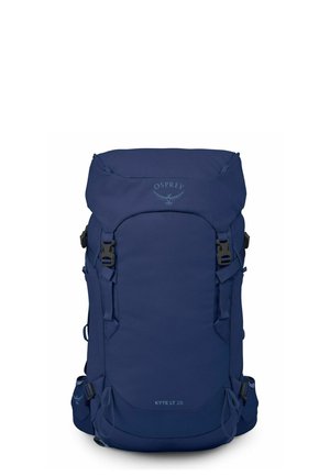 Dunkelblauer Osprey Kyte LT 28 Wanderrucksack mit Deckelklappe, Schnallenverschlüssen, Seitenriemen und gepolsterten Hüftgurt-Taschen.