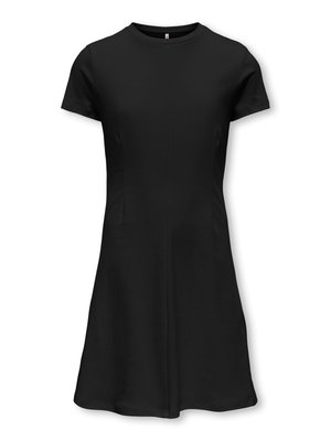 Sort knælængde kjole med korte ærmer, rund halsudskæring og tilpasset talje, lavet af glat stof.