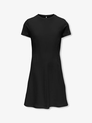 Sort knælængde kjole med korte ærmer, rund halsudskæring og tilpasset talje, lavet af glat stof.