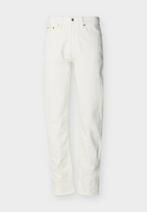 Ανδρικά τζιν λευκού χρώματος με ίσια γραμμή, εμπρός κουμπί και φερμουάρ, θηλιές για ζώνη και σχεδιασμό με πέντε τσέπες.