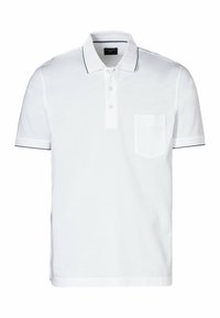 Witte polo shirt van katoen met korte mouwen, een knoopsluiting met drie knopen en een linkse borstzak. Bevat marineblauwe accenten op de kraag.