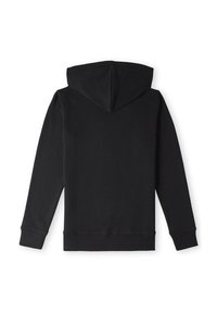 Sweatshirt à capuche noir avec des manches longues, des poignets et un ourlet côtelés. Texture lisse et aucune logo ou motif visible au dos.