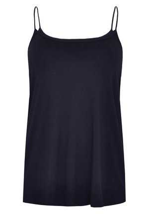 Mørkeblå tanktop med tynde stropper, lavet af blødt stof, med en løs pasform og en glat tekstur.