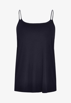 Mørkeblå tanktop med tynde stropper, lavet af blødt stof, med en løs pasform og en glat tekstur.