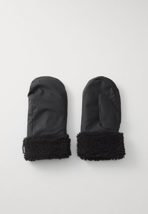 Black mittens with a smooth outer material and a soft, textured black fleece cuff. Features a single thumb design for added warmth.