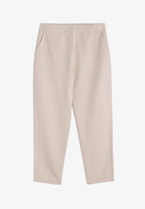 Beige, straight-leg broek met een gladde textuur, voorzien van twee frontzakken en een middelhoge tailleband. Eenvoudig en minimalistisch ontwerp.