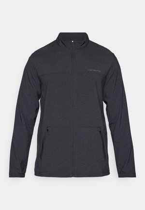 Black, long-sleeve jacket with a zippered collar, two side pockets, and a subtle logo on the chest. Smooth texture, lightweight fabric.