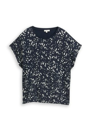 Marineblauwe blouse met korte mouwen met verspreide witte abstracte vlekken, ronde halslijn en losse pasvorm.