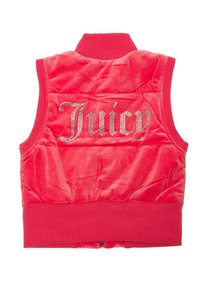 Gilet in velluto rosso con colletto e fondo a coste. Presenta la parola "Juicy" in strass sul retro. Senza maniche, chiusura con zip nella parte inferiore.