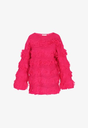 Narmaste roosa kootud sviiter, millel on vabalt langev lõige, laiad varrukad ja kihiline frillide detail kehale ja varrukatele.