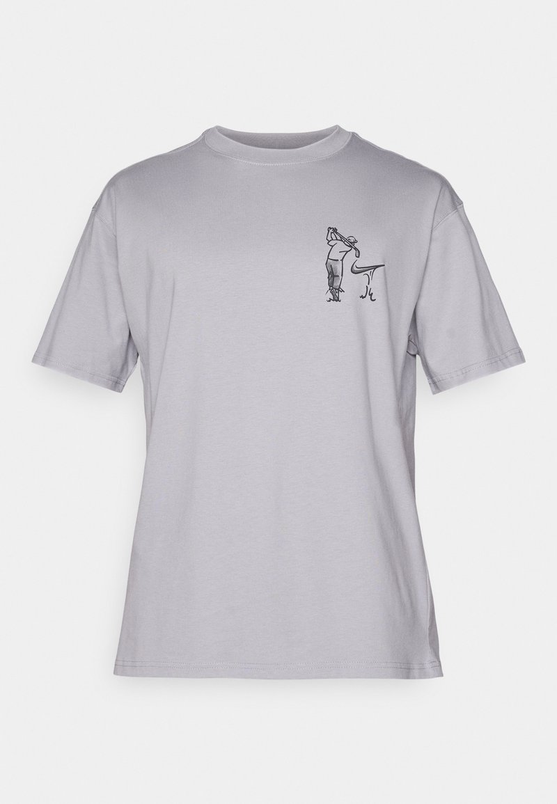 Light gray cotton t-shirt with a round neck and short sleeves, featuring a black outline graphic of a person and a dog on the chest.