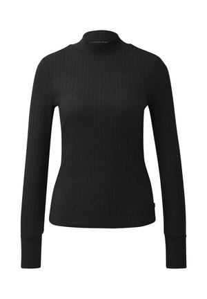Pull en maille côtelée noir avec col roulé, fabriqué dans un matériau extensible. Il présente des manches longues, une coupe ajustée et un col haut pour plus de chaleur.