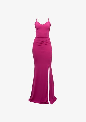 Abito da sera fucsia con spalline sottili, busto aderente e spacco laterale. Realizzato in tessuto morbido con dettagli arricciati in vita.