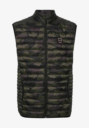 Isolatsiooniga ilma varrukateta vest tumeroheline kamuflaažimustriga, mis on varustatud tikanditud tekstuuriga, kõrge krae ja ees oleva tõmblukuga.