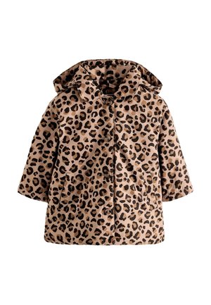 Manteau beige pour enfant avec imprimé léopard noir et marron, fermeture à boutons, deux poches avant et capuche.