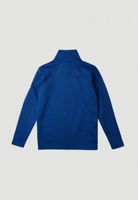 Giacca leggera blu con colletto alto, maniche lunghe, texture liscia e senza hardware o dettagli visibili sul retro.